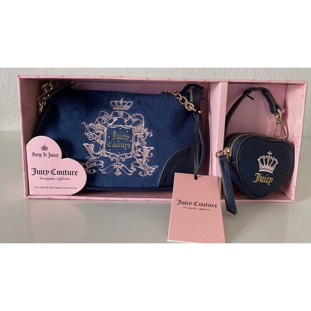 Juicy Couture VELOUR MINI WRISTLET‎ W/HEART Coin REGAL Blue Gift Set Boxed NEW